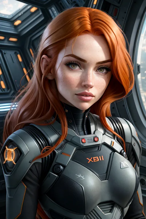 L'image est un portrait d'une jeune femme aux longs cheveux rouges. Elle porte une combinaison spatiale grise et orange avec les lettres "XBII" sur la poitrine. La combinaison spatiale a des lumières orange sur la poitrine et les bras. Elle regarde le spectateur avec une expression sérieuse. Elle a les yeux bruns et des taches de rousseur sur le visage. Ses lèvres sont légèrement entrouvertes. Elle se tient dans un vaisseau spatial ou un autre décor futuriste.