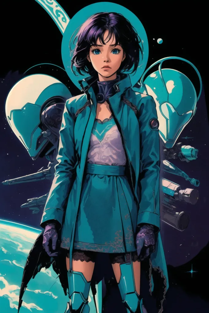 This is an image of a young woman standing in front of a spaceship. She is wearing a blue coat and a white dress. She has short blue hair. She is looking at the viewer with a serious expression. There are two robots on each side of her. The background is a dark blue space with stars and planets.