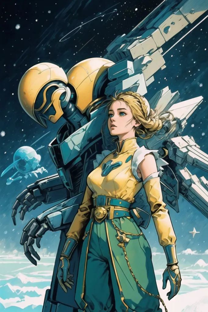 The image is of a blonde woman standing next to a robot. The woman is wearing a yellow and green outfit and the robot is grey and yellow. They are both standing on a snowy planet and there is a spaceship in the background.