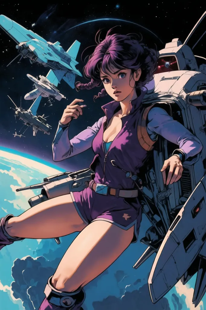 これは、宇宙空間にいる若い女性のアニメスタイルのイラストです。彼女は紫色のジャケット、青色のタンクトップ、そして短い紫色のショーツを着ています。彼女は茶色の目と紫色の髪を短いツインテールにまとめています。彼女は大きな銃が取り付けられた白と灰色の宇宙船の上に立っています。背景には同じデザインの他の宇宙船が飛んでいます。女性は自信に満ちた表情をしており、視聴者を見つめています。