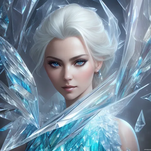 The picture shows a beautiful woman with long white hair and blue eyes. She is wearing a blue dress made of ice and crystals. The woman is standing in front of a dark blue background. Her face is serene and her eyes are looking at the viewer. The image is very detailed and the woman's beauty is striking. The ice and crystals in her dress are depicted with great detail, and the light shining on them creates a sense of magic and wonder. The woman's expression is one of peace and serenity, and her eyes seem to hold a deep wisdom. The image is a beautiful and captivating depiction of a winter queen or goddess.