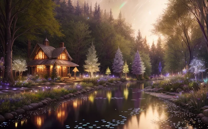 The image is a beautiful landscape of a forest with a house. The house is made of wood and has a brown roof. It is surrounded by trees and flowers. There is a river in front of the house and a forest behind it. The sky is dark and there are stars in the sky. The water in the river is a deep blue and the trees are a deep green. The flowers are a variety of colors, including pink, purple, and yellow. The house is lit up from the inside, and there is a warm glow coming from the windows. The overall atmosphere of the image is one of peace and tranquility.