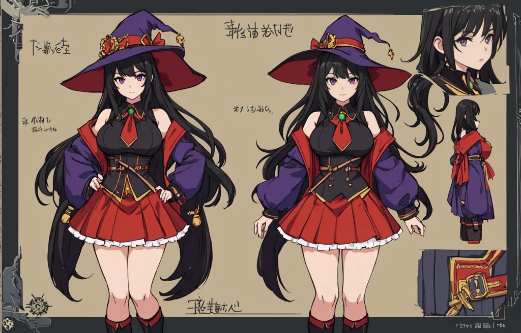 The image shows a young woman with long black hair and purple eyes. She is wearing a black and red witch's outfit with a red cape. She is also wearing a black hat with a red band around it. She has a serious expression on her face.