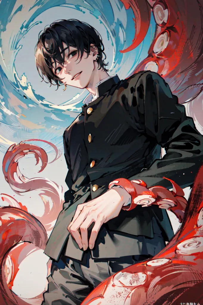 The image is of a young man with short black hair and black eyes. He is wearing a gakuran, a type of Japanese school uniform. The background is a light blue with red and white accents. There are also several octopus-like tentacles in the background. The man has a confident expression on his face and is looking at the viewer.