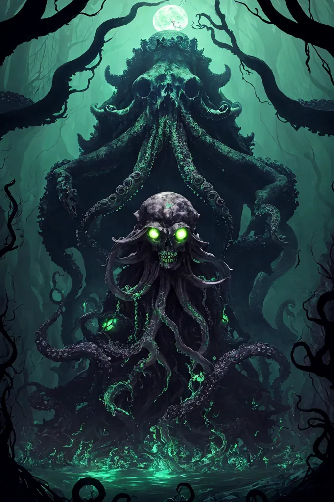 La imagen es una escena submarina oscura y turbia. Se ve una gran criatura similar a un pulpo en el primer plano, con sus tentáculos extendidos frente a ella. La criatura tiene un rostro similar a un cráneo, con ojos verdes brillantes. En el fondo, hay un cráneo grande con una esfera verde brillante en sus cuencas oculares. El cráneo está rodeado por varios cráneos más pequeños. El agua es turbia y verde, y hay varias ramas muertas y grandes que sobresalen del agua. La escena está iluminada por una luna solitaria y brillante.