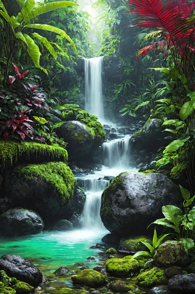 This is a picture of a waterfall. The waterfall is cascading over large rocks in the middle of a lush green jungle. The water is a light blue/green color and looks very clear. The waterfall is surrounded by a variety of green plants and flowers. There is a large red flower on the right side of the waterfall. The waterfall is in a very peaceful and serene setting.