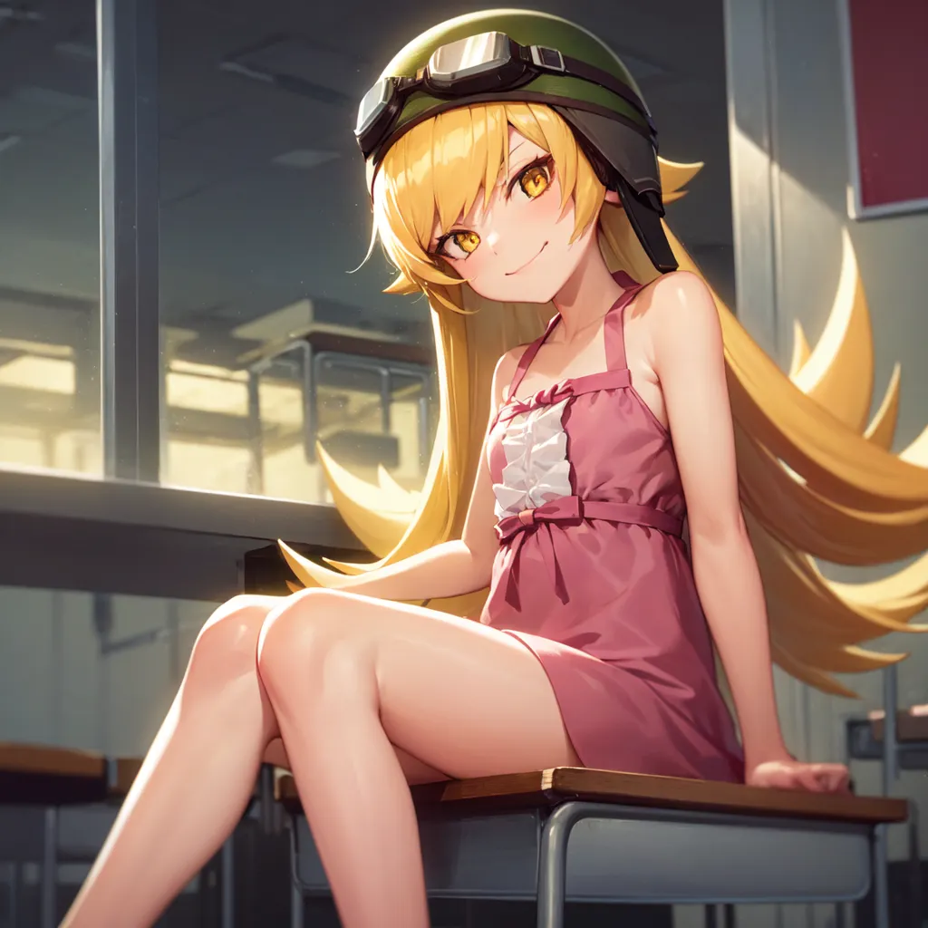 The image is of a young woman with long blonde hair and yellow eyes. She is wearing a pink dress and a green helmet with goggles. She is sitting on a chair in a classroom. The background is of a blackboard with a window. The woman is smiling.