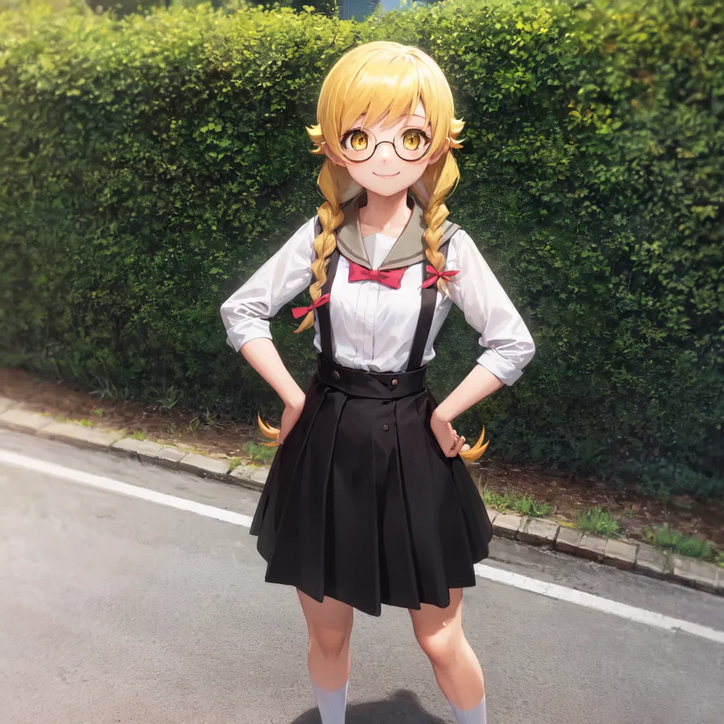 This is an image of a young girl with long blonde hair and brown eyes. She is wearing a white blouse, a black skirt, and a red bow tie. She is also wearing glasses. She is standing in front of a hedge, and she has her hands on her hips.