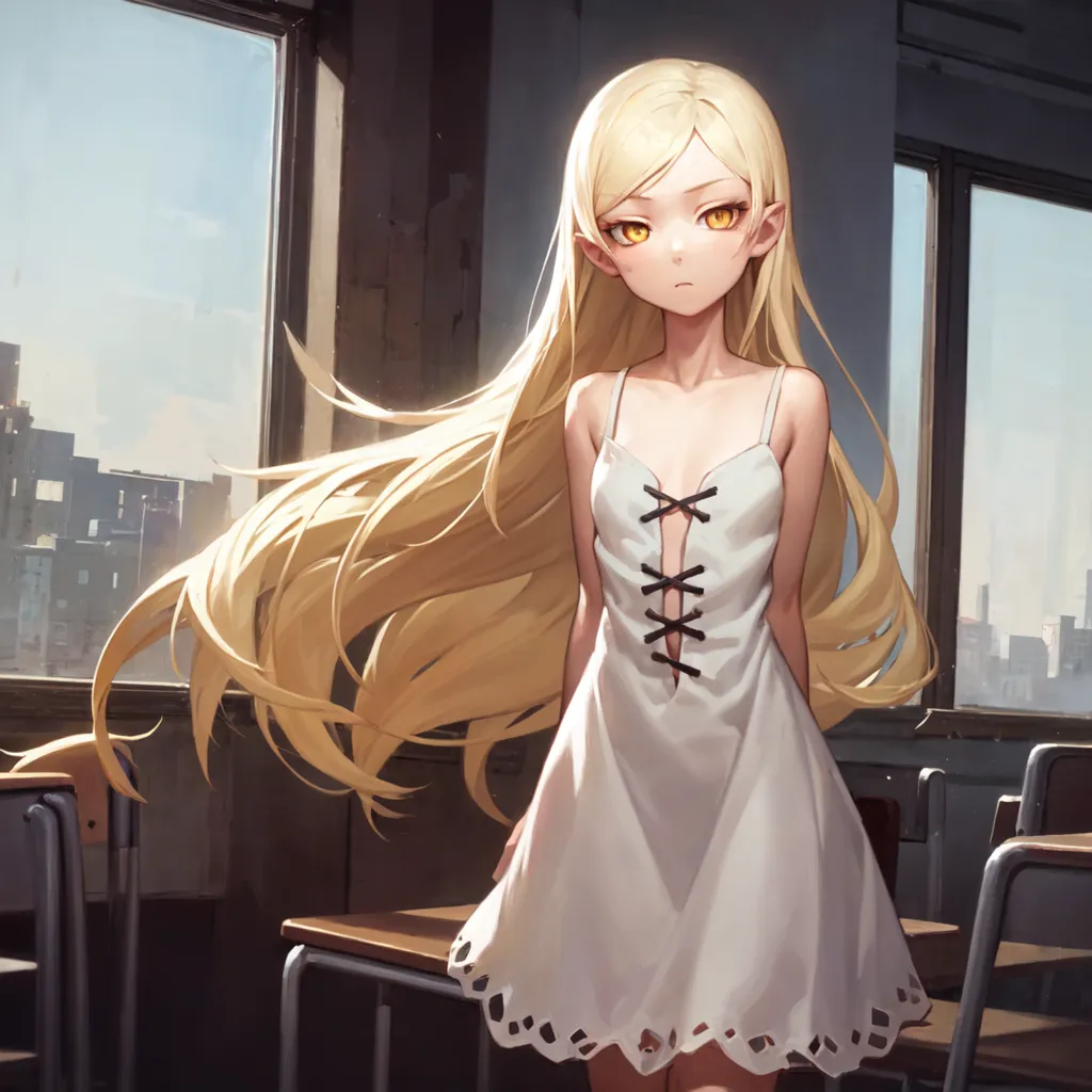 The image is of a young woman with long blonde hair and yellow eyes. She is wearing a white dress with a corset-like bodice. The dress is trimmed with black lace. She is standing in a room with two large windows. There are several empty chairs in the room. The floor is made of wood. The walls are made of concrete. The ceiling is made of metal.