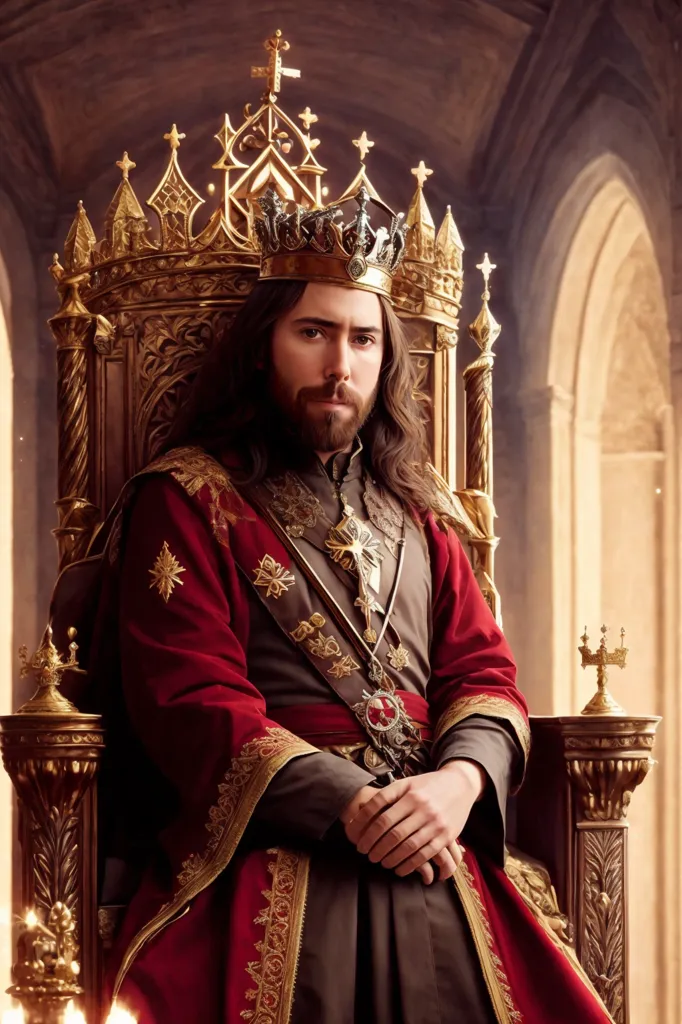 This is an image of a man sitting on a throne. The man has long brown hair and a beard. He is wearing a red and gold robe and a gold crown. He is sitting on a golden throne with a red cushion. The throne is in a large hall with stone walls and stained glass windows.