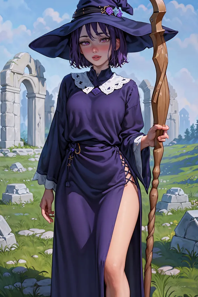 The image is of a young woman dressed as a witch. She is wearing a purple dress with a white collar and a purple hat with a wide brim. She is also carrying a wooden staff. The woman is standing in a ruined temple, and there are large stones scattered around her. In the background, there is a large stone structure, which may be a castle or another type of building. The sky is blue, and there are some clouds in the distance.