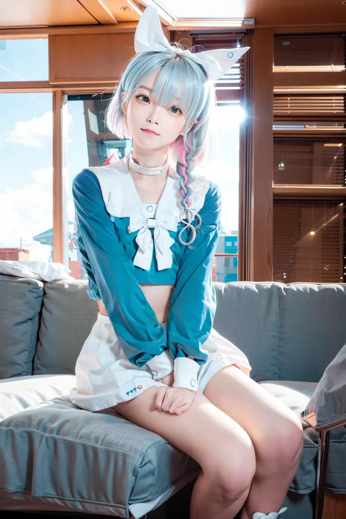 The image shows a young woman with blue hair and pink highlights. She is wearing a blue and white outfit and has a pink bow in her hair and around her neck. She is sitting on a couch and looking at the camera. The background is a living room with windows and a wooden wall.