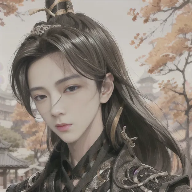 The picture shows a young man with long black hair and gray eyes. He is wearing a black and gray outfit with silver armor. The background is a blurry image of a Chinese landscape with mountains, trees, and a river.