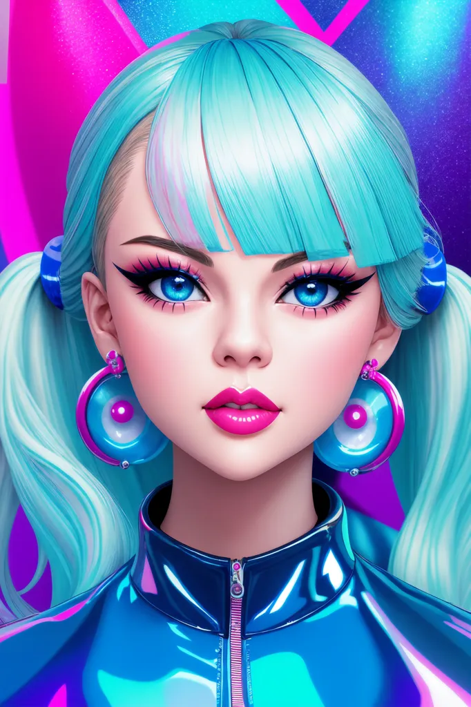 The image is a digital painting of a young woman with blue hair and blue eyes. She is wearing a blue and pink jacket with a high collar. The background is a bright pink and blue color. The woman's expression is serious.