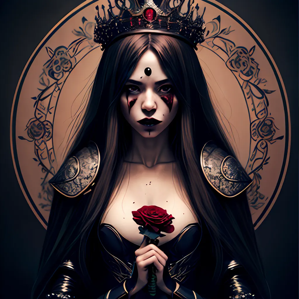 This is an image of a woman with long brown hair and a crown on her head. She is wearing a black dress with a red rose on her chest. She has a red gem in the center of her forehead and dark makeup on her eyes. She is standing in front of a dark background with a golden circle around her.