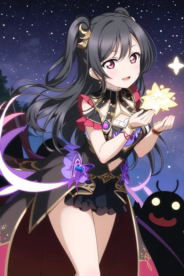 The image is of a young girl with long black hair and purple eyes. She is wearing a black and purple dress with a white collar. She is holding a glowing yellow star in her hands. There is a small black creature with yellow eyes standing on her right side. The background is a night sky with many stars.