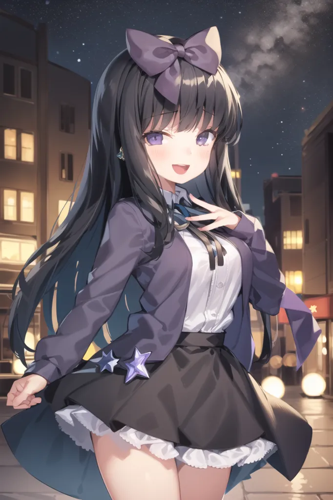 The image is an anime-style drawing of a young woman. She has long black hair, purple eyes, and a purple bow in her hair. She is wearing a white blouse, a purple blazer, and a black skirt. She is also wearing a pair of black boots. The woman is standing in a city street at night. The street is lined with buildings and there are lights in the distance. The woman is smiling and looks happy.