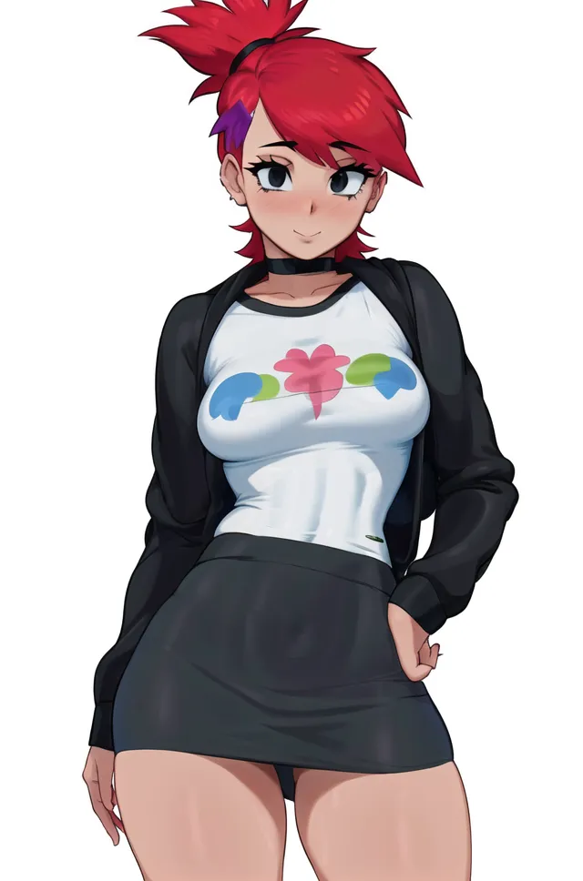 The image is of a young woman with red hair and purple eyes. She is wearing a white shirt, black skirt, and black jacket. She has a flower tattoo on her left arm. She is standing with her left hand on her hip and her right hand holding her ponytail. She has a confident smile on her face.