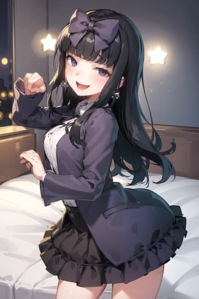 The image is of a young woman with long black hair and purple eyes. She is wearing a white blouse, a purple blazer, and a black skirt. She has a purple bow in her hair and is smiling. There are stars in the background and she is standing on a bed.