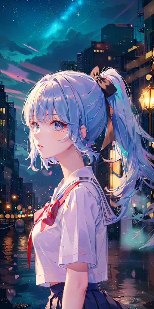 La imagen es una pintura de una niña joven con el cabello azul largo y ojos rosados. Ella está usando una camisa blanca y una falda azul. Ella está de pie en una ciudad por la noche. Hay edificios altos en el fondo y un río en el primer plano. La niña está mirando el río. Hay pétalos de cerezo cayendo de los árboles. El cielo es azul oscuro y hay estrellas en el cielo.