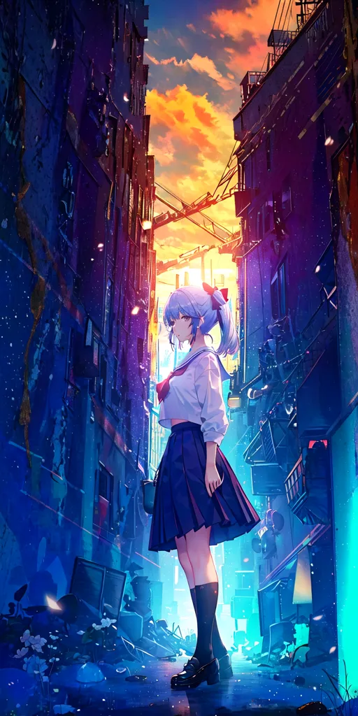 L'image est un dessin de style anime d'une fille debout dans une ruelle étroite. La fille porte une chemise blanche, une jupe bleue et un nœud rouge dans les cheveux. Elle regarde vers le bas un petit objet lumineux dans sa main. La ruelle est sombre et sale, avec des graffitis sur les murs et des ordures au sol. La seule lumière provient de quelques petites fenêtres et d'un lampadaire de rue.