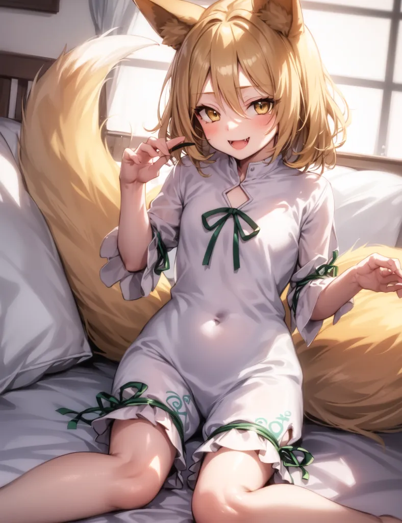 The image is of a young woman with long, golden hair and fox ears. She is wearing a white dress with a green ribbon at the collar. She is sitting on a bed with her legs crossed and has a playful smile on her face. She is biting a pen and has her hand resting on her thigh. There is a large window behind her.