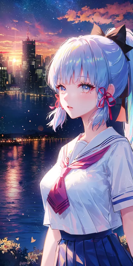 The image is of an anime girl with long blue hair and blue eyes. She is wearing a white shirt with a red tie and a blue skirt. She is standing on a bridge at night, looking out at the city. The city is in the background, with tall buildings and lights. The sky is dark, with stars and a crescent moon.