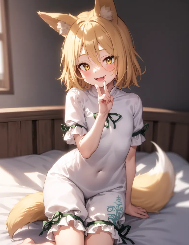 The image is of a young woman with long, blonde hair and fox ears. She is wearing a white dress with a green ribbon at the waist. She is sitting on a bed with her legs crossed and has one finger pressed to her lips in a shushing gesture. She has a sly expression on her face and seems to be inviting the viewer to join her in some mischief.