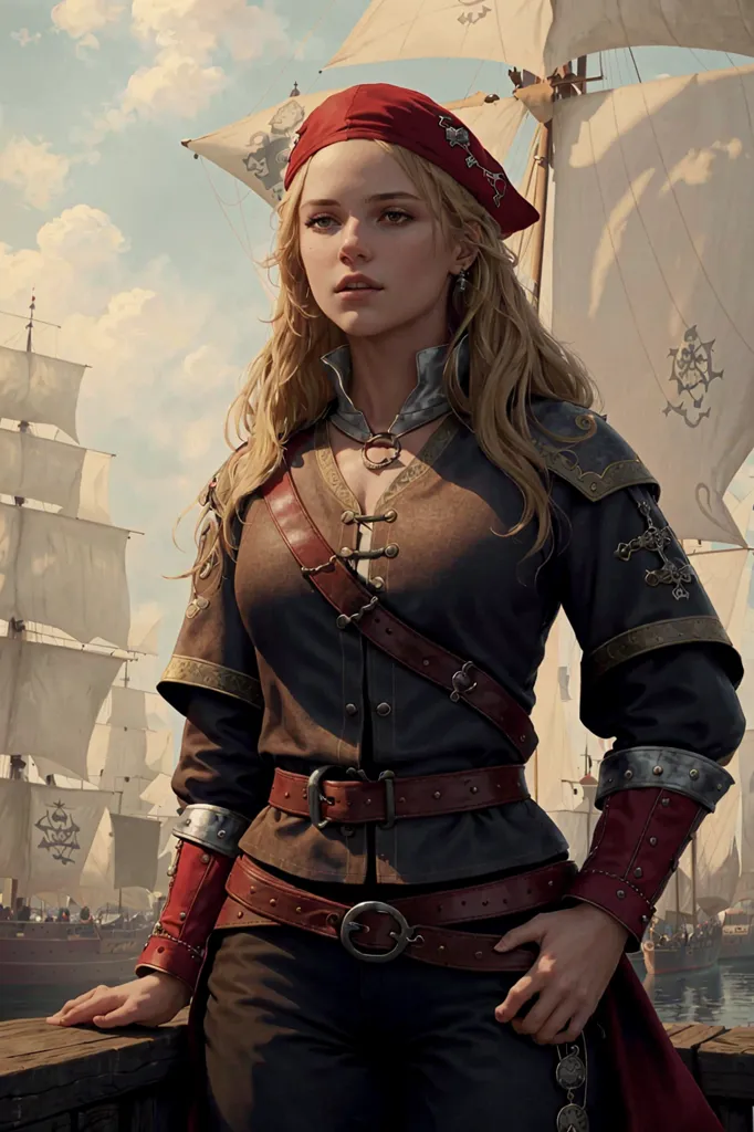 This image shows a woman standing on the deck of a ship. She is wearing a red bandana, a brown shirt, and a brown skirt. She has a sword in her hand and looks like she is ready for a fight. In the background, there are several other ships. The woman is standing confidently, with her feet shoulder-width apart. Her left hand is resting on the hilt of her sword, and her right hand is holding the scabbard. She is looking to the left, with a determined expression on her face.