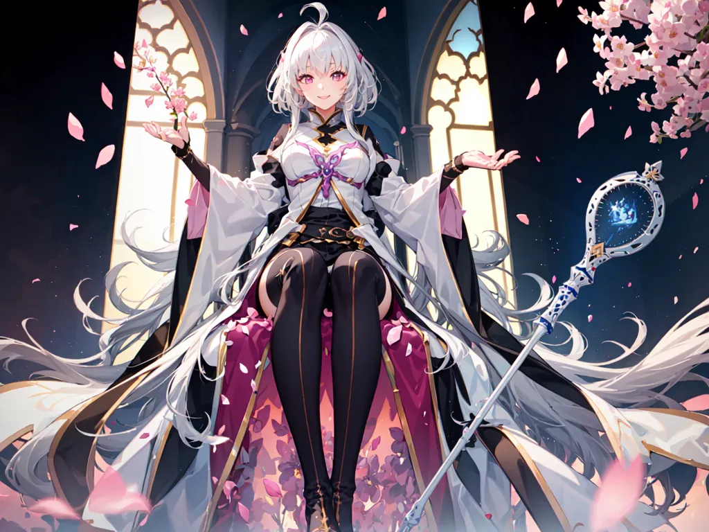 The image is of a young woman with long white hair and purple eyes. She is wearing a white and purple dress with a long white cape. She is sitting on a throne with her arms outstretched and a staff in her right hand. There are pink cherry blossoms falling around her. The background is a dark blue with a large window behind her.