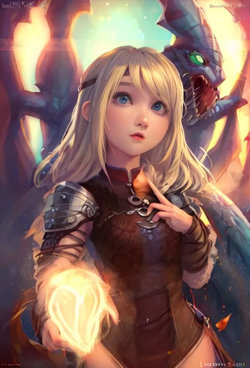 A girl is holding a glowing orb. She is wearing a brown leather vest with silver shoulder pads. She has blonde hair and blue eyes. She is standing in front of a large green dragon. The dragon has its wings spread out and its mouth is open. The girl is looking at the dragon with a look of wonder on her face.