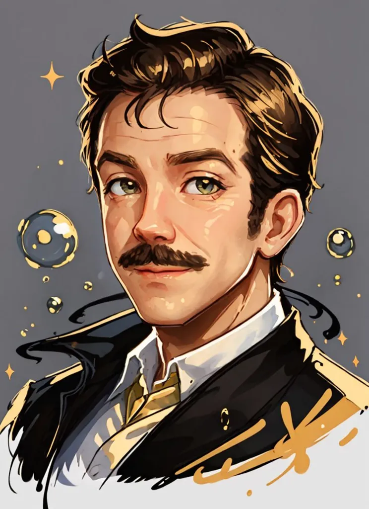 The image is a portrait of a man with brown hair and green eyes. He has a mustache and is wearing a black suit coat with a yellow necktie. The background is grey and there are some yellow and grey bubbles around his head. The man has a serious expression on his face.