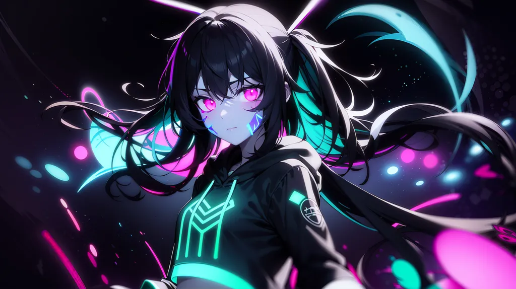 This is an image of a young woman with long black hair and pink eyes. She is wearing a black hoodie with green and pink accents. She is standing in a dark room with bright lights in the background. There are also colorful shapes surrounding her. She has a serious expression on her face.