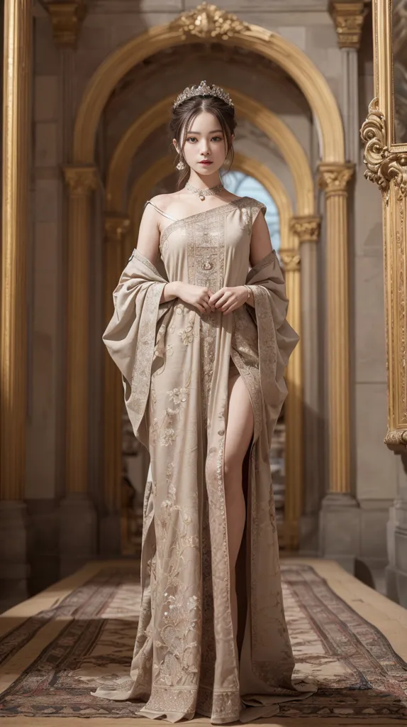 The photo shows a young woman wearing a beautiful dress with a high slit, standing in a grand hall. The dress is light gold in color and has intricate embroidery and beading. The woman has a tiara on her head and is wearing a necklace and earrings. She is looking at the camera with a serious expression. The hall is decorated with marble columns and a long red carpet.