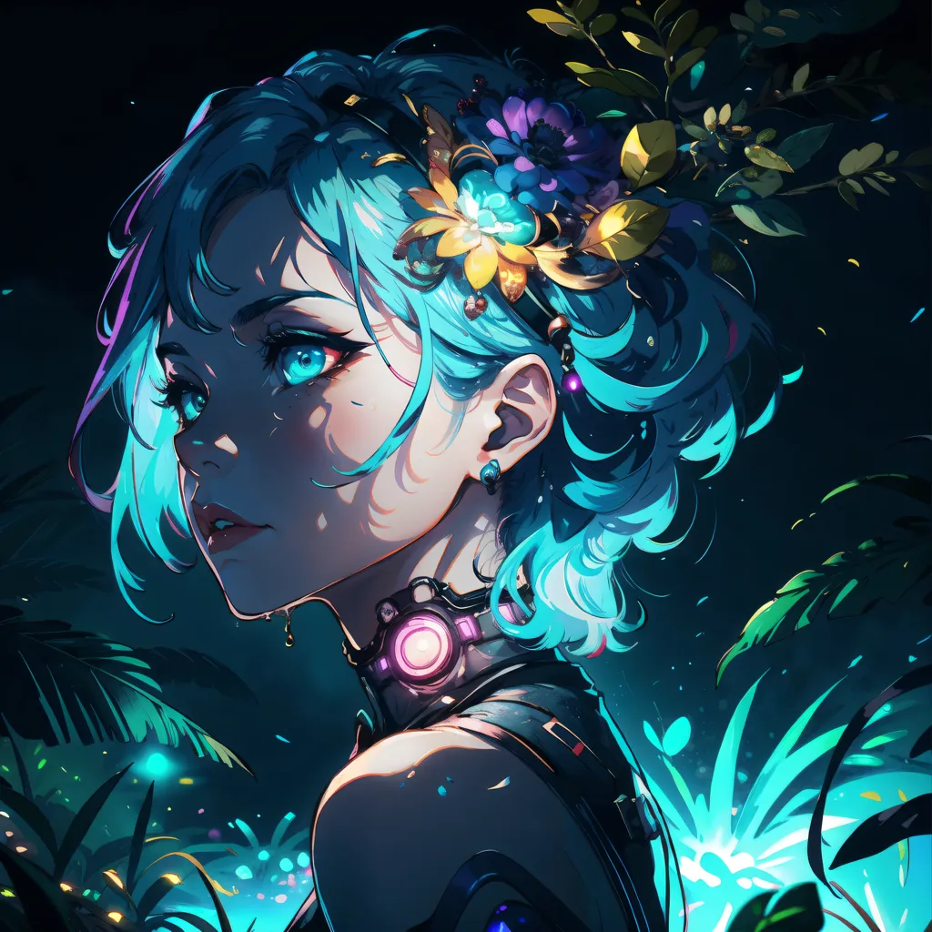 This is an image of a woman with blue hair. She has a flower crown on her head and is wearing a black choker. She is standing in front of a dark background with green leaves. The image is in a cartoon style and the colors are vibrant. The woman's eyes are blue and her skin is fair. She is wearing a black choker and has a flower crown on her head. The flowers in the crown are pink, purple, and yellow. The leaves in the background are green and the background is dark. The image is in a cartoon style and the colors are vibrant.