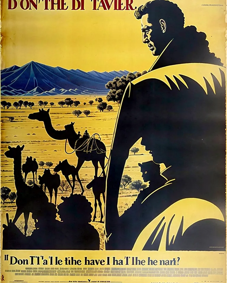 The image is a poster for a movie called "Don't let the Tavernier". The poster features a man in a long coat standing in the desert. He is looking at a group of camels in the distance. The camels are being led by a group of men. The sun is setting in the background. The poster is in a retro style, reminiscent of the 1930s and 1940s.