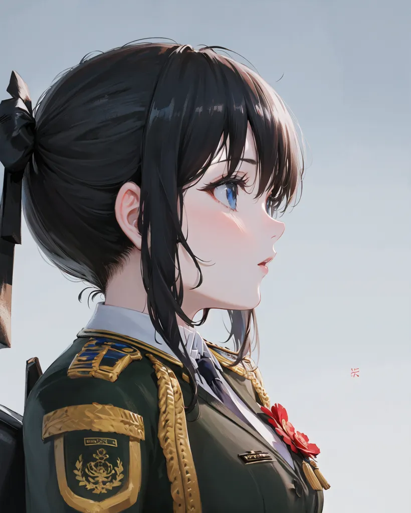 The picture shows a young girl in a military uniform. She has long black hair tied in a ponytail, blue eyes, and a fair complexion. She is wearing a green military jacket with gold epaulettes and a red flower on the lapel. She is also wearing a white shirt, black tie, and black boots. The girl is standing at attention and looking to the left. She has a serious expression on her face. The background is a light blue sky with a few clouds.