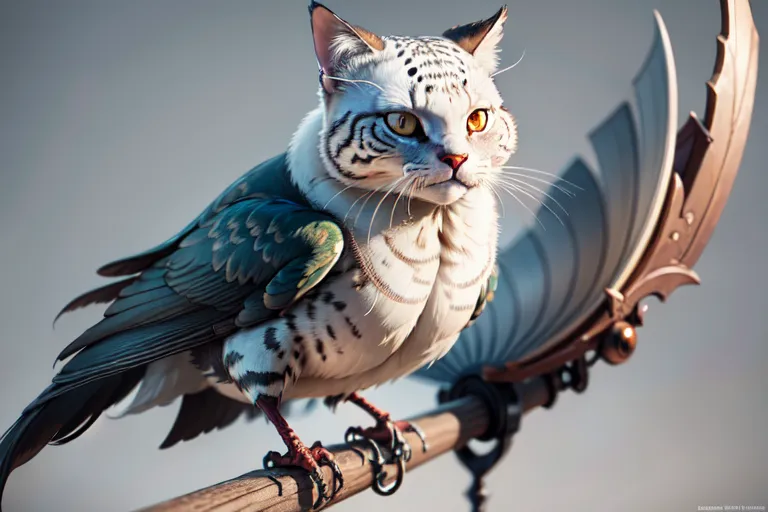 The image is a digital painting of a cat with wings. The cat is sitting on a branch and looking to the right. It has white and gray fur, with black stripes on its face. The wings are blue and green, with white tips. The cat is wearing a golden necklace and a golden bracelet on its left leg. The background is a light blue color.