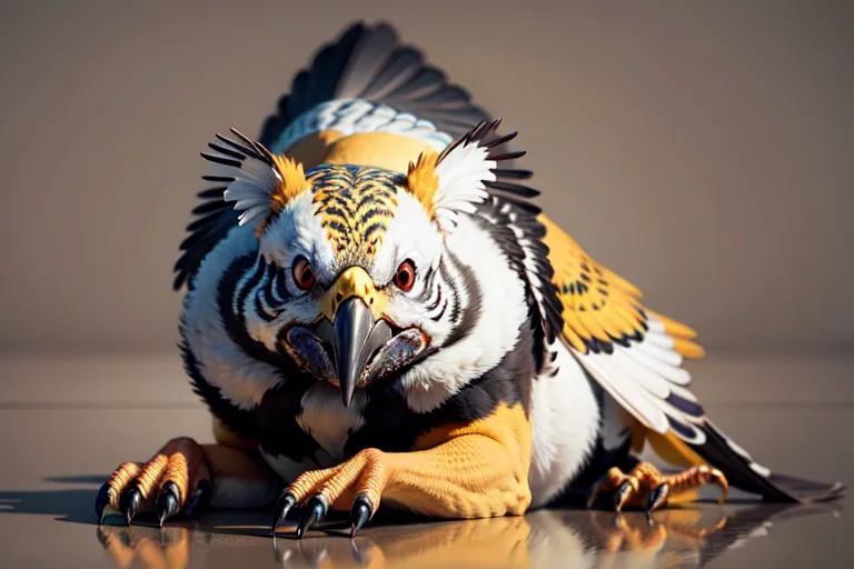 The image depicts a creature with the head and wings of a bird, the body of a lion, and the talons of an eagle. The creature is crouched on the ground, with its wings folded against its body. It has a yellow body, black and white striped head and wings, and red eyes. Its beak is open, and it is looking at the viewer with an aggressive expression. The background is a blur of light brown.