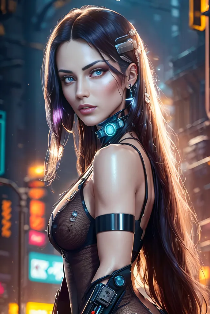 This is an image of a beautiful woman with long, flowing hair. She is wearing a black dress with a plunging neckline and a high collar. She is also wearing a number of cybernetic enhancements, including a metal choker, a cybernetic left arm, and a device on her right hand. The woman is standing in a dark, futuristic city. The background is blurred, but it appears to be a busy street with people walking and cars driving. The woman is looking at the viewer with a confident expression.