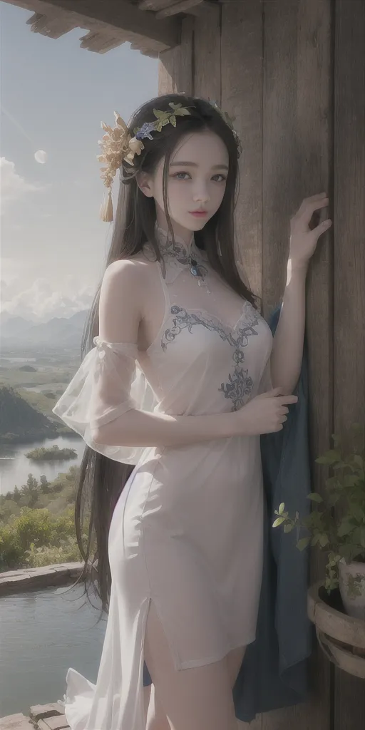 The image is of a beautiful young woman with long black hair. She is wearing a white dress with a high slit and a blue sash. The dress is decorated with intricate embroidery. The woman is standing in a doorway, and she is looking out at a beautiful landscape. There are mountains in the distance, and a river in the foreground. The woman is wearing a necklace and a bracelet, and her hair is adorned with flowers. She is barefoot, and her feet are resting on the stone floor of the doorway. The image is very peaceful and serene.