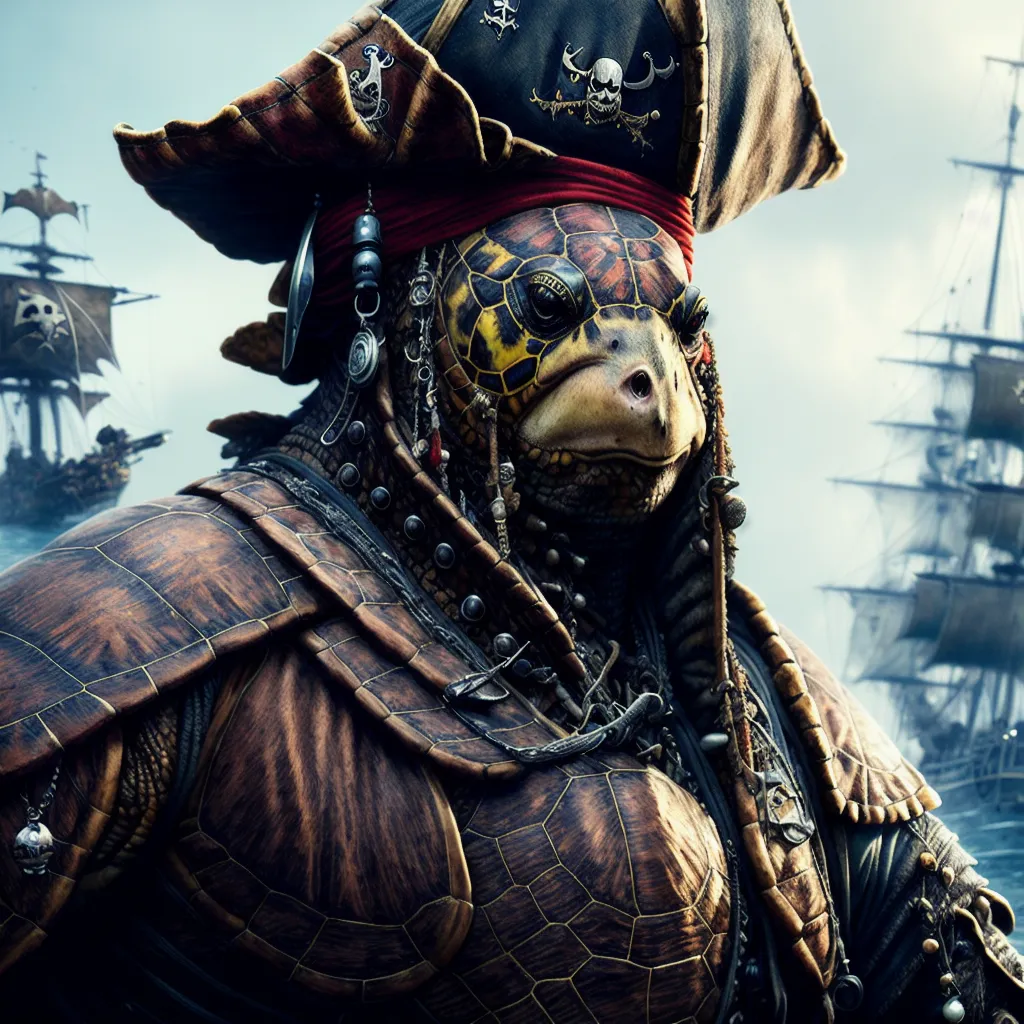 This image shows what appears to be a pirate turtle. It is wearing a feathered hat and has a sword in its mouth. The turtle is standing on a ship and there are other ships in the background. The turtle has a confident expression on its face and looks like it is ready for battle.