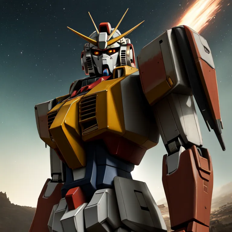 The image is a painting of a giant robot. The robot is standing on a rocky surface with a starry sky and a bright light in the background. The robot is mainly white and yellow with some red and blue. It has a large backpack and a shield on its left arm. The robot's eyes are glowing orange, and its mouth is open.