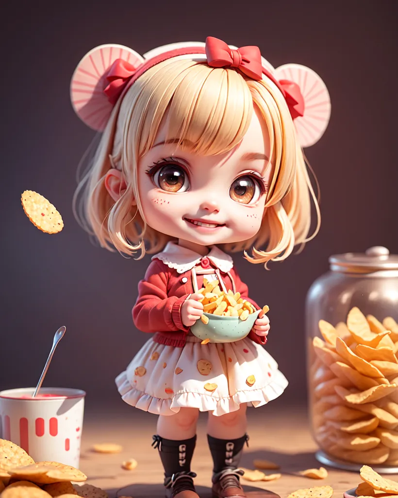 The image shows a cute little girl with blonde hair and blue eyes. She is wearing a red headband with mouse ears, a white dress with red sleeves, and brown boots. She is holding a bowl of chips and there is a jar of chips on the table next to her. The girl is smiling and looks happy. The background is a brown wall.