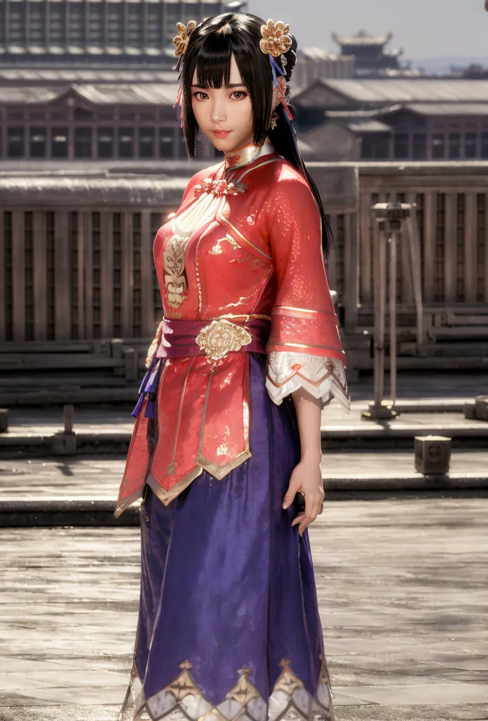 Esta é um retrato de uma jovem mulher em um vestido vermelho e roxo. Ela tem cabelos longos e pretos e está usando roupas tradicionais chinesas. O fundo está desfocado e parece ser um pátio chinês.