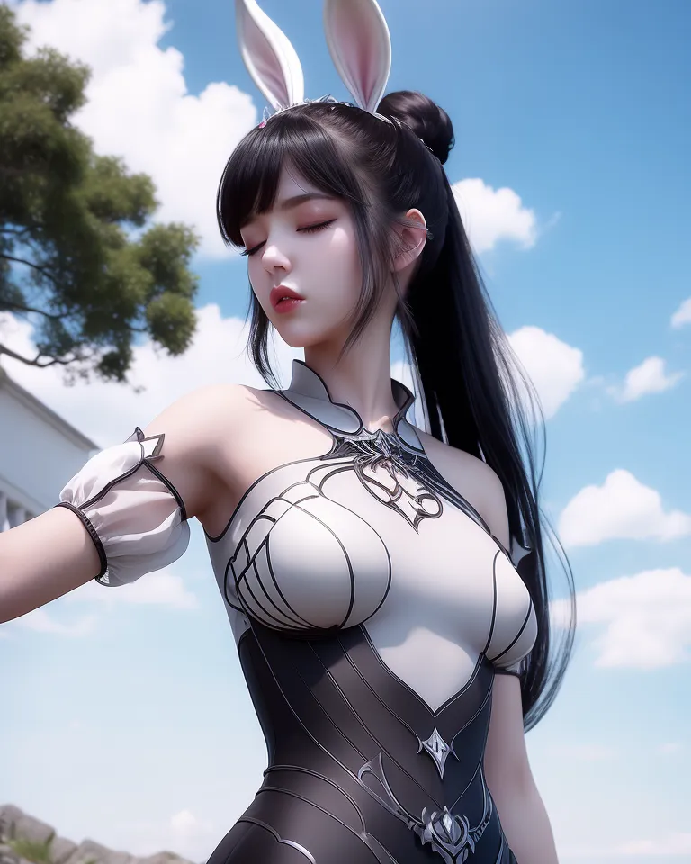 The image is a 3D rendering of a young woman with long black hair and rabbit ears. She is wearing a white and black bodysuit with a Chinese-style collar. The bodysuit has a plunging neckline and a high waist, and is detailed with intricate patterns. The woman is standing in a scenic outdoor setting, with a large tree and a blue sky with white clouds in the background.