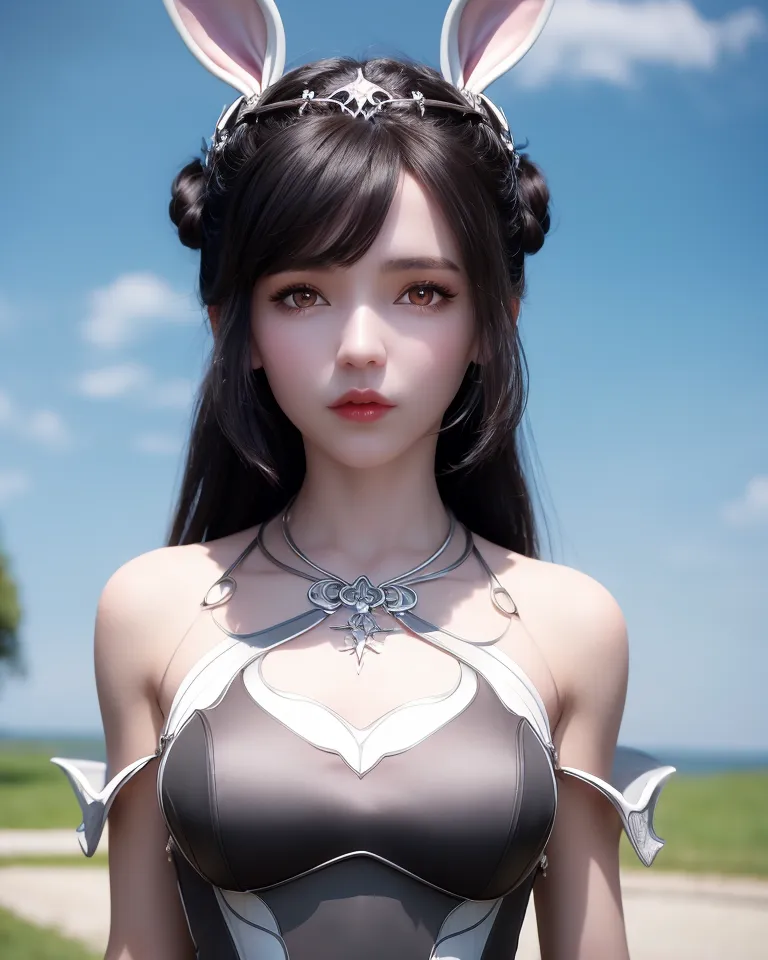 The image is a portrait of a beautiful young woman with long black hair and brown eyes. She is wearing a black and silver dress with a low neckline and a high collar. The dress is trimmed with white fur. She is also wearing a pair of rabbit ears and a necklace with a pendant in the shape of a flower. The background is a green field with a blue sky and white clouds.