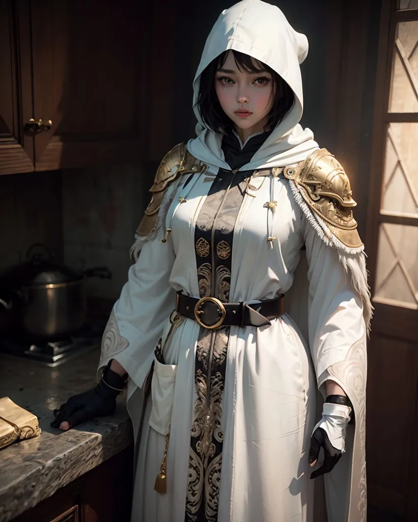 The image is of a young woman, with an ethereal expression on her face, standing in a kitchen. She is wearing a white and gold colored robe with a hood. The robe has intricate gold-colored embroidery, and is belted at the waist with a brown belt. She is also wearing black gloves. There is a book on the counter next to her.