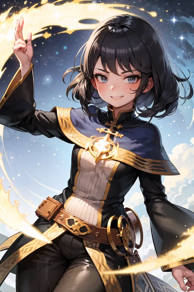 The image shows a young girl with short black hair and brown eyes. She is wearing a black and gold magical girl outfit with a white blouse and brown boots. She has a gold necklace with a cross on it and a brown belt with a gold buckle. She is standing in a starry night sky with a bright light in the background. She has a confident smile on her face and is holding her right hand up with her index and middle fingers extended.