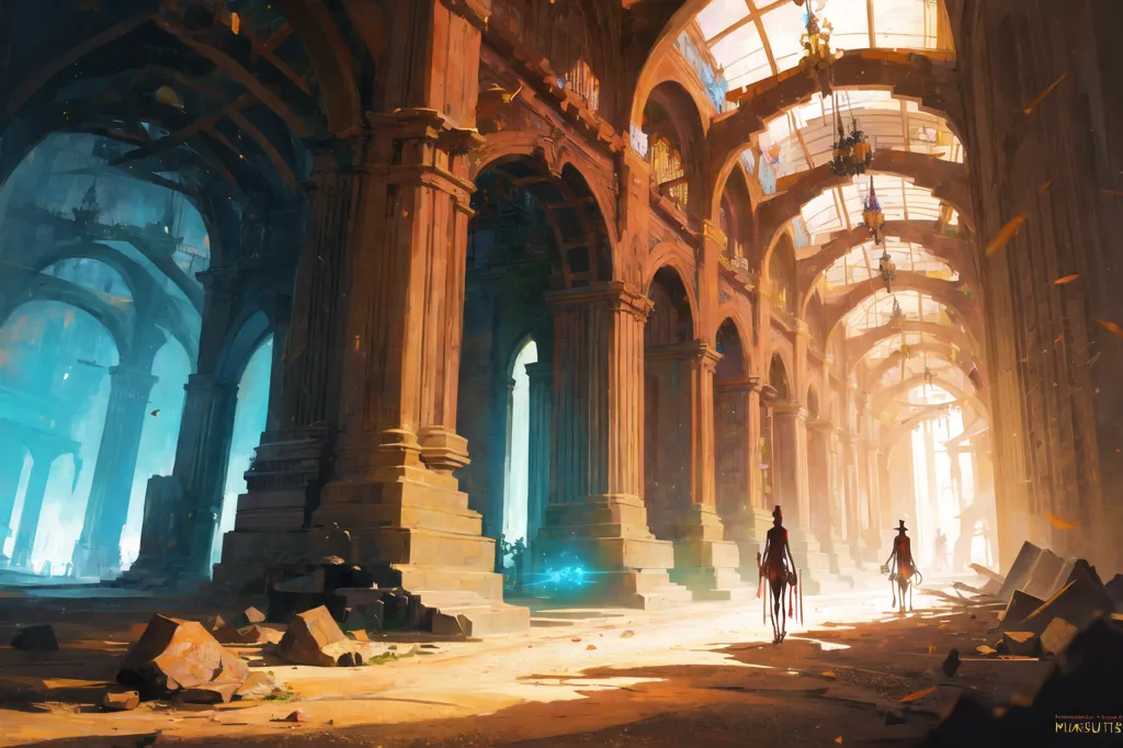 The image is a painting of a ruined city. The city is built in a classical style, with tall columns and arches. The buildings are made of white marble, and they are now in ruins. The city is overgrown with plants, and there are trees growing in the streets. There are two figures walking through the ruins. They are both wearing red cloaks.